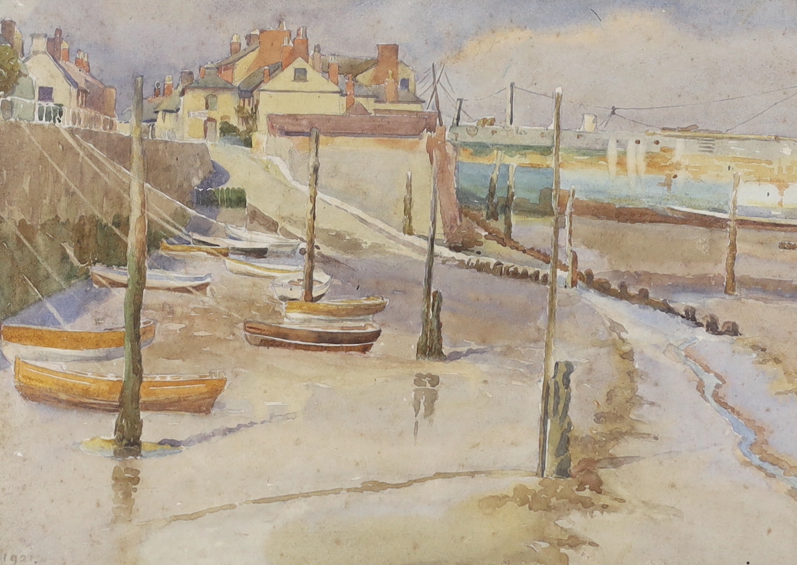 Arthur Suker (1857-1902), watercolour, Fishing village at low tide, monogrammed and dated 1921, 23 x 33cm